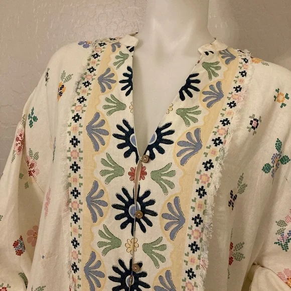 ZARA Oversized Linen Blend Floral Print MIDI Kaftan Dress White Large - Picture 8 of 13